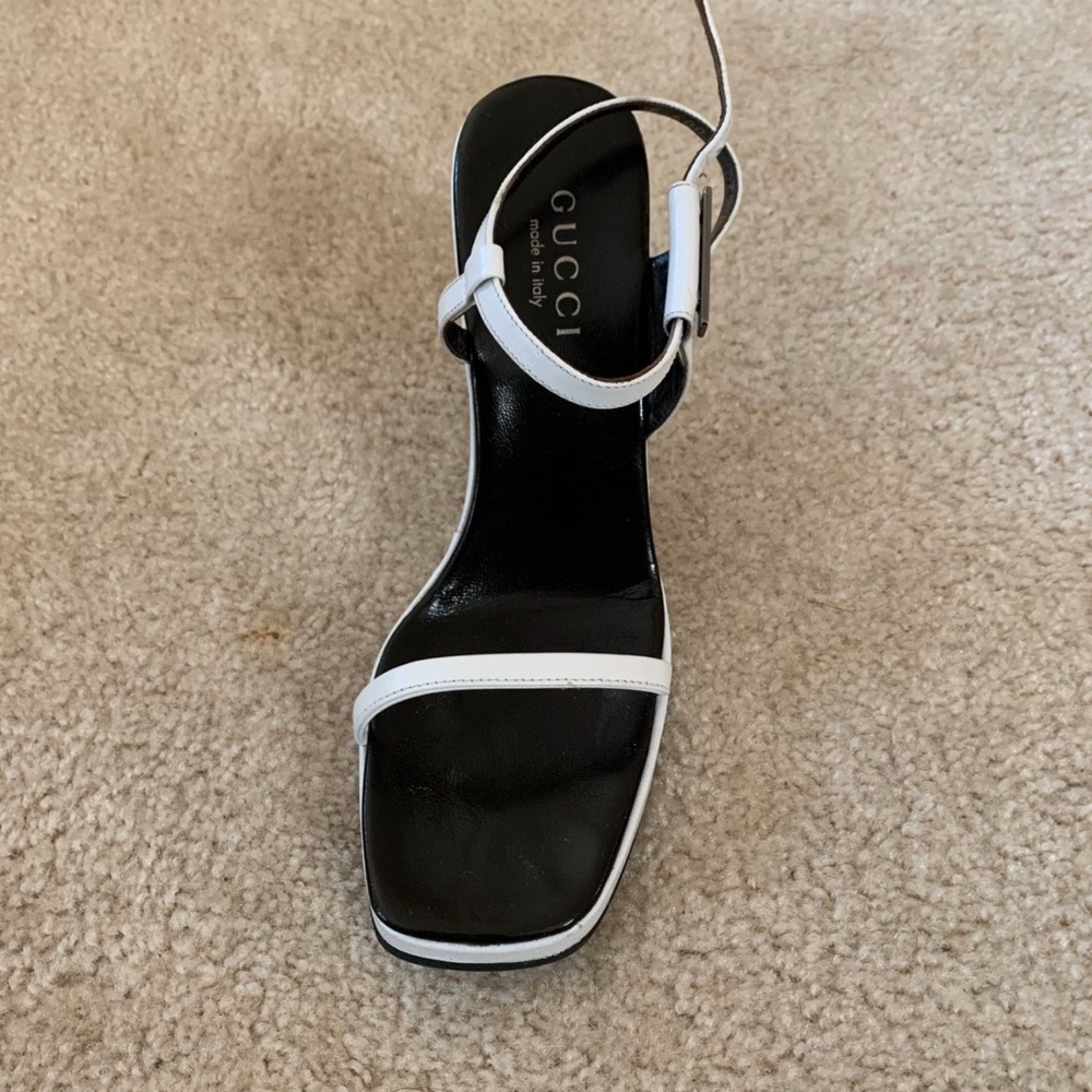 Gucci Black Leather Sandal with White Trim and Ankle Strap